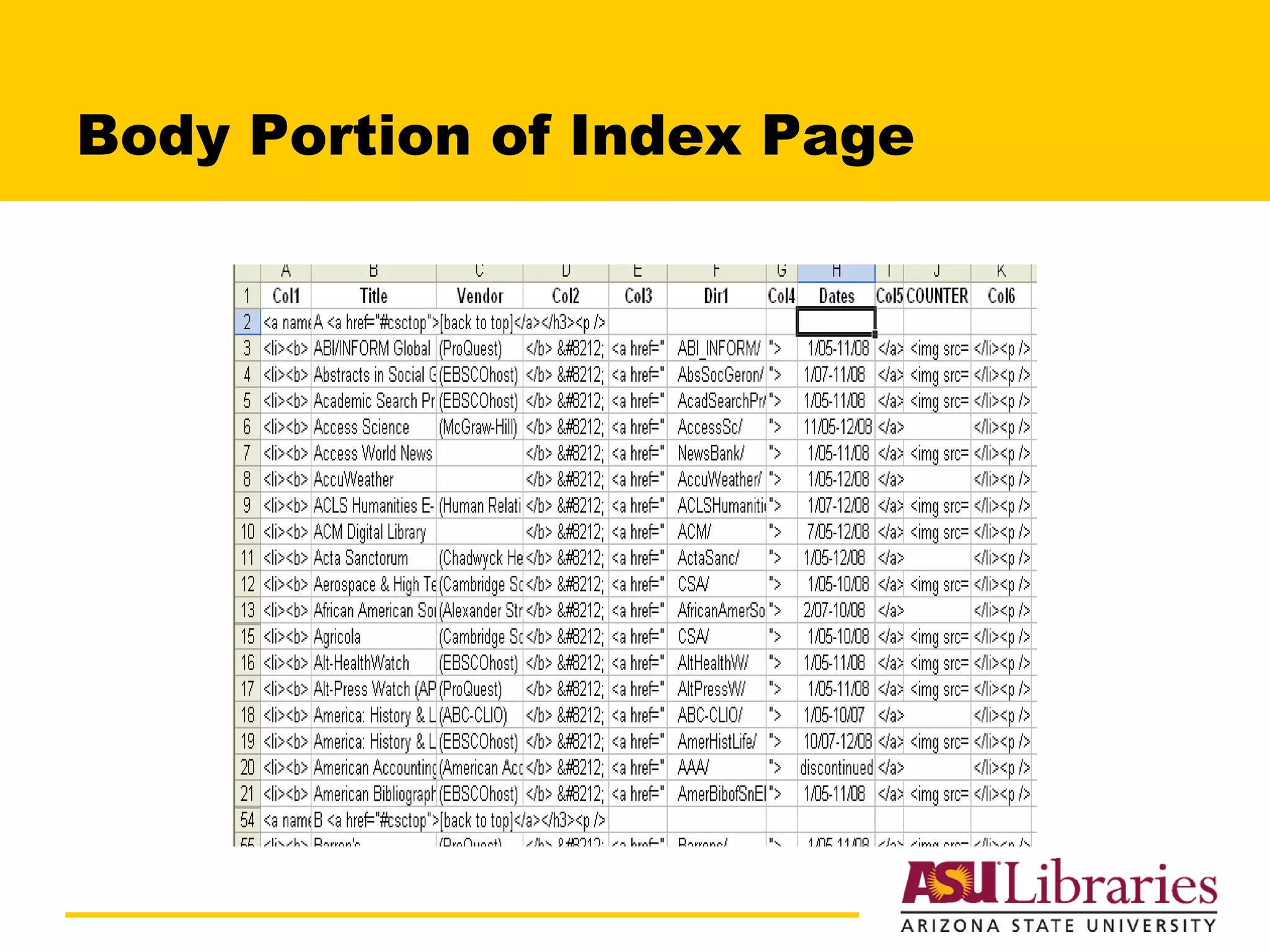 Body Portion of Index Page 