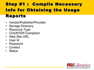 Step #1 :  Compile Necessary Info for Obtaining the Usage Reports Vendor/Publisher/Provider Storage Directory Resource Type COUNTER Compliant Web Site URL User Id Password Contact Status 