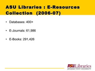 ASU Libraries : E-Resources Collection  (2006-07) Databases: 400+  E-Journals: 61,986 E-Books: 291,426 