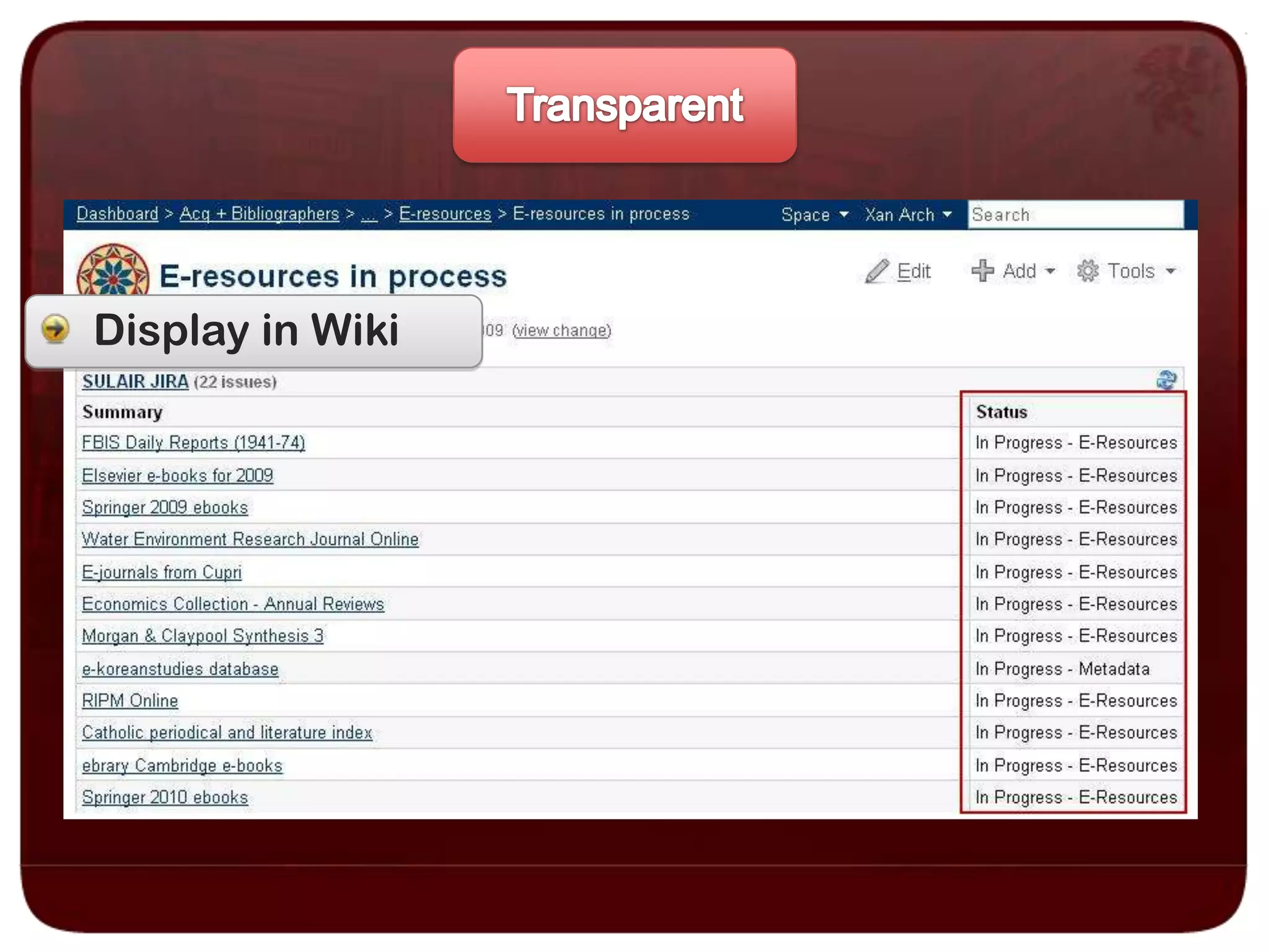 Status boxes in admin portal to track “in progress” resources