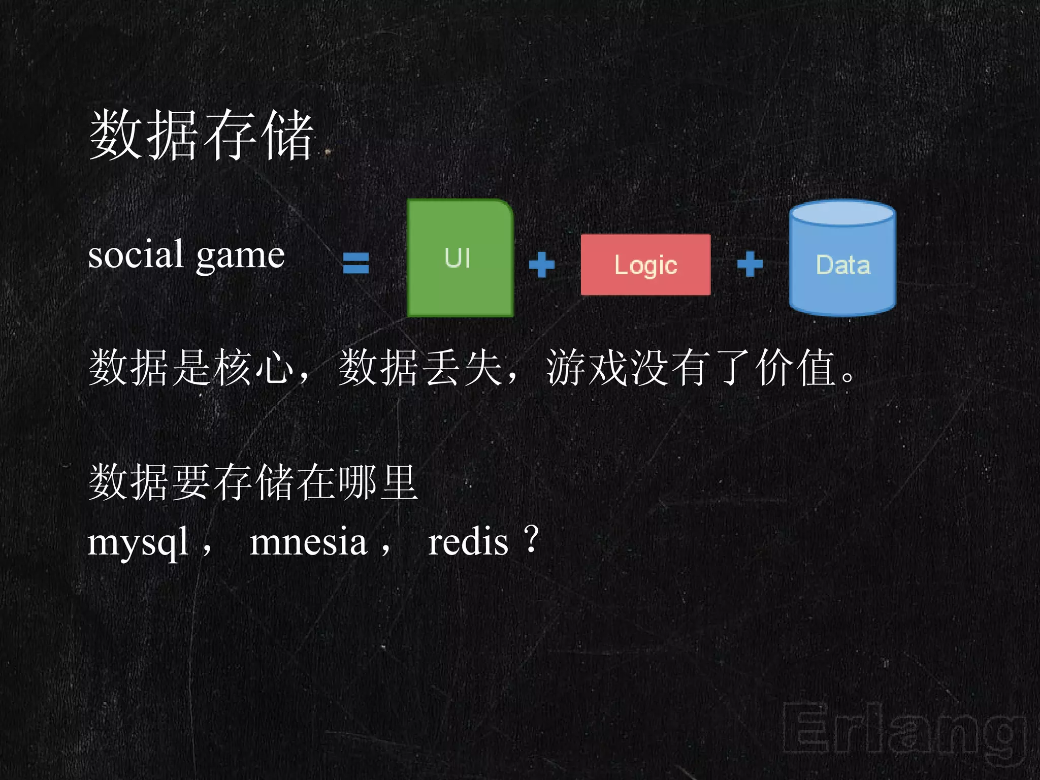 数据存储 social game 数据是核心，数据丢失，游戏没有了价值。 数据要存储在哪里 mysql ， mnesia ， redis ？ 