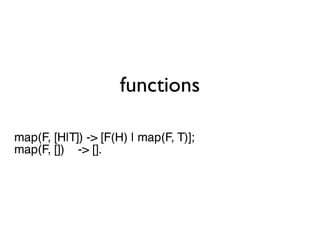 functions

map(F, [H|T]) -> [F(H) | map(F, T)];
map(F, []) -> [].
 