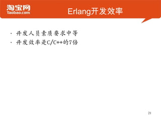 Erlang开发效率
• 开发人员素质要求中等
• 开发效率是C/C++的7倍
21
 