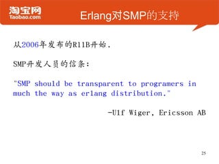Erlang对SMP的支持
从2006年发布的R11B开始.
SMP开发人员的信条:
"SMP should be transparent to programers in
much the way as erlang distribution."
-Ulf Wiger, Ericsson AB
25
 