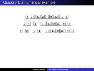 Quicksort: a numerical example
4 21 43 2 1 9 33 10 8
2 1 4 21 43 9 33 10 8
1 2 4 21 43 9 33 10 8
Corrado Santoro An Introduction to Erlang
 