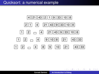Quicksort: a numerical example
4 21 43 2 1 9 33 10 8
2 1 4 21 43 9 33 10 8
1 2 4 21 43 9 33 10 8
1 2 4 9 10 8 21 43 33
1 2 4 8 9 10 21 43 33
Corrado Santoro An Introduction to Erlang
 