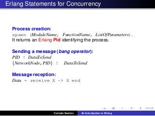 Erlang Statements for Concurrency
Process creation:
spawn (ModuleName, FunctionName, ListOfParameters).
It returns an Erlang Pid identifying the process.
Sending a message (bang operator):
PID ! DataToSend
{NetworkNode,PID} ! DataToSend
Message reception:
Data = receive X -> X end
Corrado Santoro An Introduction to Erlang
 