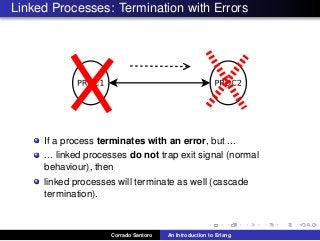 Linked Processes: Termination with Errors
If a process terminates with an error, but ...
... linked processes do not trap exit signal (normal
behaviour), then
linked processes will terminate as well (cascade
termination).
Corrado Santoro An Introduction to Erlang
 