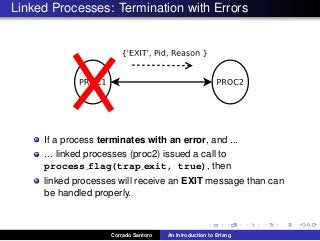 Linked Processes: Termination with Errors
If a process terminates with an error, and ...
... linked processes (proc2) issued a call to
process flag(trap exit, true), then
linked processes will receive an EXIT message than can
be handled properly.
Corrado Santoro An Introduction to Erlang
 