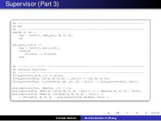Supervisor (Part 3)
✞
%% -------------------------------------------------------------------------------
%% API
%% -------------------------------------------------------------------------------
add(M, F, A) ->
sup ! {self(), add_proc, M, F, A},
ok.
get_proc_list() ->
sup ! {self(), proc_list},
receive
ProcList -> ProcList
end.
%% --------------------------------------------------------------------------------
%% Internal functions
%% -------------------------------------------------------------------------------
find_process(_Pid, []) -> error;
find_process(Pid, [{Pid, M, F, A} | _Tail]) -> {ok, M, F, A};
find_process(Pid, [{_OtherPid, _M, _F, _A} | Tail]) -> find_process(Pid, Tail).
pid_replace(_Pid, _NewPid, []) -> [];
pid_replace(Pid, NewPid, [{Pid, M, F, A} | Tail]) -> [ {NewPid, M, F, A} | Tail];
pid_replace(Pid, NewPid, [{OtherPid, M, F, A} | Tail]) ->
[ {OtherPid, M, F, A} | pid_replace(Pid, NewPid, Tail) ].
✡✝ ✆
Corrado Santoro An Introduction to Erlang
 