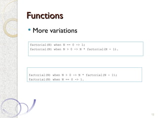 Functions
Functions
 More variations
12
factorial(N) when N == 0 -> 1;
factorial(N) when N > 0 -> N * factorial(N - 1).
factorial(N) when N > 0 -> N * factorial(N - 1);
factorial(N) when N == 0 -> 1.
 