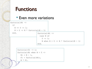 Functions
Functions
 Even more variations
17
factorial(N) ->
if
N == 0 -> 1;
N > 0 -> N * factorial(N - 1)
end. factorial(N) ->
case N of
0 -> 1;
N when N > 0 -> N * factorial(N - 1)
end.
factorial(0) -> 1;
factorial(N) when N > 0 ->
N1 = N - 1,
F1 = factorial(N1),
N * F1.
 