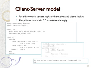 Client-Server model
Client-Server model
 For this to work, servers register themselves and clients lookup
 Also, clients send their PID to receive the reply
28
-module(area_server_module).
-export([start/0,loop/0]).
start() ->
Pid = spawn (area_server_module, loop, []),
register(area_server, Pid).
loop() ->
receive
{From, rectangle, Width, Ht} ->
From ! Width * Ht;
{From, circle, R} ->
From ! 3.14159 * R * R;
Other -> loop()
end,
loop().
-module(area_server_client).
-export([rpc/2]).
rpc(Pid, Request) ->
Pid ! {self(), Request},
receive
Response -> Response
end.
1> area_server_client:rpc(area_server, {rectangle,6,8}).
48
 