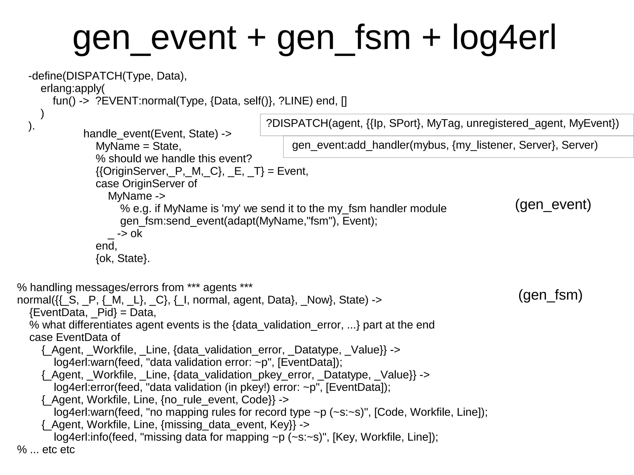 gen_event + gen_fsm + log4erl
  -define(DISPATCH(Type, Data),
     erlang:apply(
        fun() -> ?EVENT:normal(Type, {Data, self()}, ?LINE) end, []
     )
  ).                                                ?DISPATCH(agent, {{Ip, SPort}, MyTag, unregistered_agent, MyEvent})
               handle_event(Event, State) ->
                 MyName = State,                         gen_event:add_handler(mybus, {my_listener, Server}, Server)
                 % should we handle this event?
                 {{OriginServer,_P,_M,_C}, _E, _T} = Event,
                 case OriginServer of
                    MyName ->
                       % e.g. if MyName is 'my' we send it to the my_fsm handler module             (gen_event)
                       gen_fsm:send_event(adapt(MyName,"fsm"), Event);
                    _ -> ok
                 end,
                 {ok, State}.

% handling messages/errors from *** agents ***
normal({{_S, _P, {_M, _L}, _C}, {_I, normal, agent, Data}, _Now}, State) ->                          (gen_fsm)
  {EventData, _Pid} = Data,
  % what differentiates agent events is the {data_validation_error, ...} part at the end
  case EventData of
      {_Agent, _Workfile, _Line, {data_validation_error, _Datatype, _Value}} ->
        log4erl:warn(feed, "data validation error: ~p", [EventData]);
      {_Agent, _Workfile, _Line, {data_validation_pkey_error, _Datatype, _Value}} ->
        log4erl:error(feed, "data validation (in pkey!) error: ~p", [EventData]);
      {_Agent, Workfile, Line, {no_rule_event, Code}} ->
        log4erl:warn(feed, "no mapping rules for record type ~p (~s:~s)", [Code, Workfile, Line]);
      {_Agent, Workfile, Line, {missing_data_event, Key}} ->
        log4erl:info(feed, "missing data for mapping ~p (~s:~s)", [Key, Workfile, Line]);
% ... etc etc
 