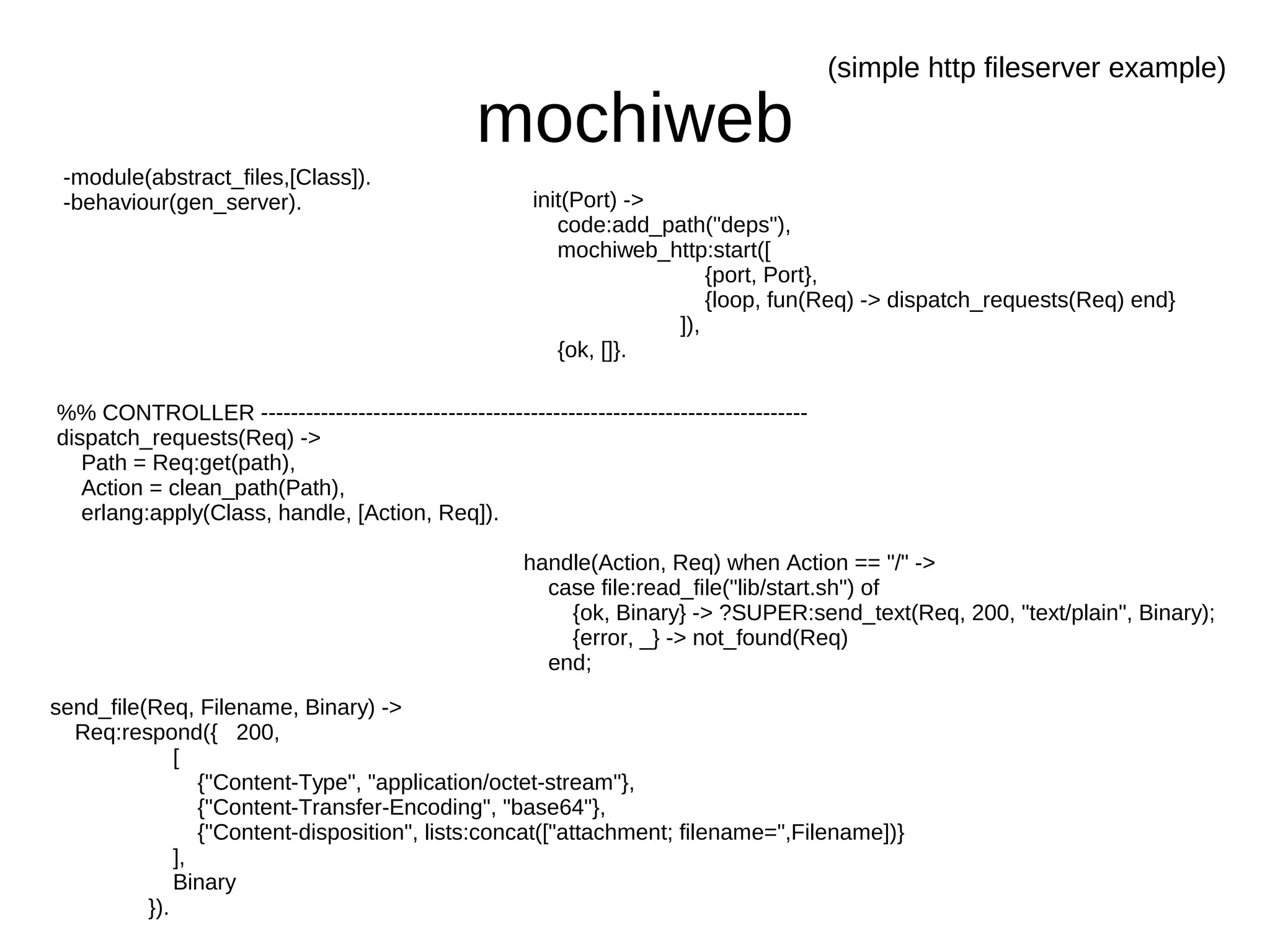 (simple http fileserver example)

                                                mochiweb
 -module(abstract_files,[Class]).
 -behaviour(gen_server).                               init(Port) ->
                                                          code:add_path("deps"),
                                                          mochiweb_http:start([
                                                                         {port, Port},
                                                                         {loop, fun(Req) -> dispatch_requests(Req) end}
                                                                     ]),
                                                          {ok, []}.

%% CONTROLLER -------------------------------------------------------------------------
dispatch_requests(Req) ->
   Path = Req:get(path),
   Action = clean_path(Path),
   erlang:apply(Class, handle, [Action, Req]).

                                                      handle(Action, Req) when Action == "/" ->
                                                        case file:read_file("lib/start.sh") of
                                                          {ok, Binary} -> ?SUPER:send_text(Req, 200, "text/plain", Binary);
                                                          {error, _} -> not_found(Req)
                                                        end;
send_file(Req, Filename, Binary) ->
  Req:respond({ 200,
              [
                 {"Content-Type", "application/octet-stream"},
                 {"Content-Transfer-Encoding", "base64"},
                 {"Content-disposition", lists:concat(["attachment; filename=",Filename])}
              ],
              Binary
          }).
 