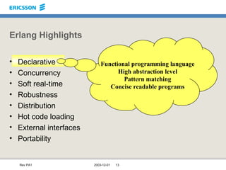 Erlang Highlights Declarative Concurrency Soft real-time Robustness Distribution Hot code loading External interfaces Portability Functional programming language High abstraction level Pattern matching Concise readable programs 