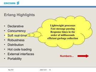 Erlang Highlights Declarative Concurrency Soft real-time Robustness Distribution Hot code loading External interfaces Portability Lightweight processes Fast message passing Response times in the order of milliseconds efficient garbage collection Numbers... 