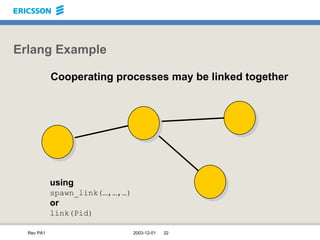 Erlang Example Cooperating processes may be linked together using spawn_link(…,…,…) or link(Pid) 