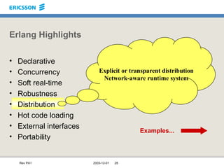 Erlang Highlights Declarative Concurrency Soft real-time Robustness Distribution Hot code loading External interfaces Portability Explicit or transparent distribution Network-aware runtime system Examples... 