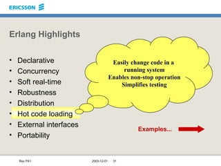 Erlang Highlights Declarative Concurrency Soft real-time Robustness Distribution Hot code loading External interfaces Portability Easily change code in a  running system Enables non-stop operation Simplifies testing Examples... 