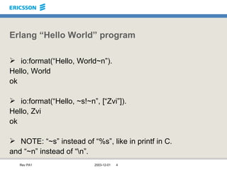Erlang “Hello World” program io:format(“Hello, World~n”). Hello, World ok io:format(“Hello, ~s!~n”, [“Zvi”]). Hello, Zvi ok NOTE: “~s” instead of “%s”, like in printf in C. and “~n” instead of “\n”. 