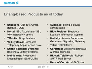 Erlang-based Products as of today Ericsson:   AXD 301, GPRS, (NetSim), LCS Nortel:  SSL Accelerator, SSL VPN gateway + others TMobile:  IN applications Vail Systems:  Computer Telephony Apps Service Prov. Erlang Financial Systems:  Banking & Lottery systems Mobile Arts:  Presence & Messaging for GSM/UMTS Synap.se:  Billing & device configuration Blue Position:  Bluetooth Location Information System Motivity:  Answer Supervision Generator, Signalling Gateway Telia:  CTI Platform Corelatus:  Signalling gateways & cross-connects Bluetail/TeleNordia:  Robust SMTP Mail Server Univ. of Coruña:  VoD Cluster 