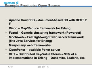 Example Products: Open Source Apache CouchDB – document-based DB with REST I/F Disco – Map/Reduce framework for Erlang Fuzed – Generic clustering framework (Powerset) Mochiweb – Fast lightweight web server framework (like Java Servlets for Erlang) Many-many web frameworks OpenPoker – scalable Poker server DHT – Distributed Key/Value Stores – 90% of all implementations in Erlang – Dunomite, Scalaris, etc. 
