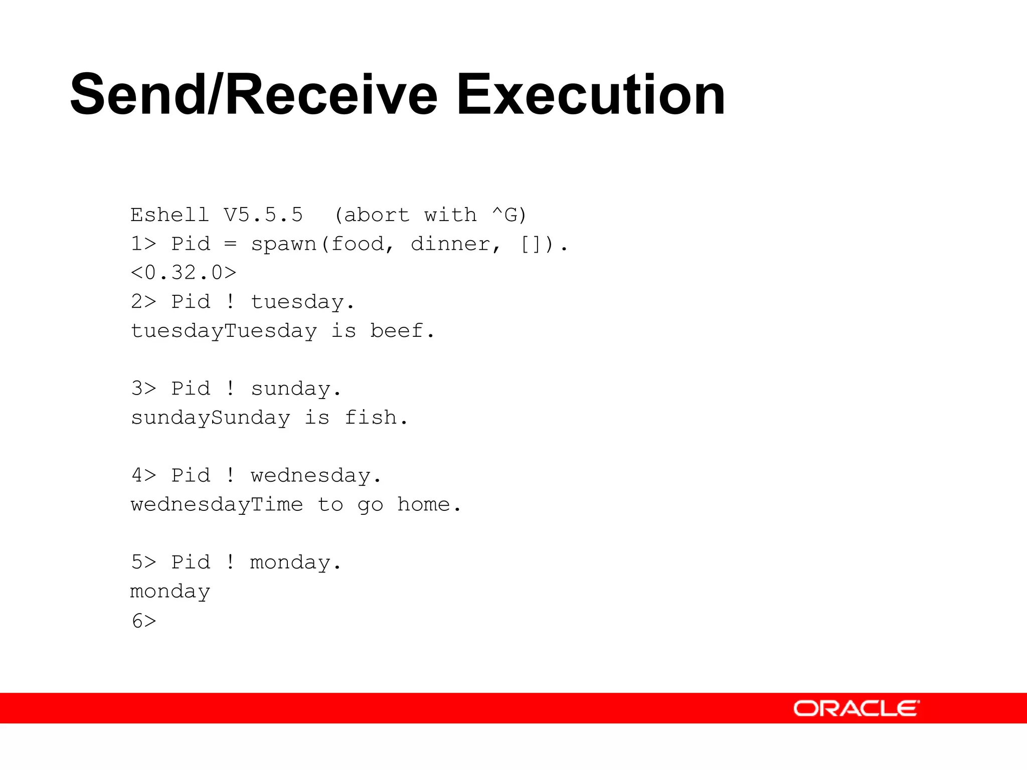 Send/Receive Execution Eshell V5.5.5  (abort with ^G) 1> Pid = spawn(food, dinner, []). <0.32.0> 2> Pid ! tuesday. tuesdayTuesday is beef. 3> Pid ! sunday. sundaySunday is fish. 4> Pid ! wednesday. wednesdayTime to go home. 5> Pid ! monday. monday 6>   
