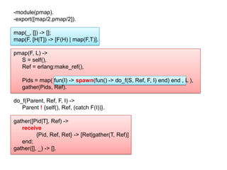 -module(pmap).-export([map/2,pmap/2]).map(_, []) -> [];   map(F, [H|T]) -> [F(H) | map(F,T)].  pmap(F, L) ->    	S = self(),	Ref = erlang:make_ref(),    Pids = map( fun(I) -> spawn(fun() -> do_f(S, Ref, F, I) end) end , L ),   	gather(Pids, Ref).   do_f(Parent, Ref, F, I) ->                          	Parent ! {self(), Ref, (catch F(I))}.   gather([Pid|T], Ref) ->   	receive		{Pid, Ref, Ret} -> [Ret|gather(T, Ref)]   	end;   gather([], _) -> []. 