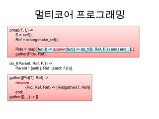 멀티코어 프로그래밍pmap(F, L) ->    	S = self(),	Ref = erlang:make_ref(),    Pids = map( fun(I) -> spawn(fun() -> do_f(S, Ref, F, I) end) end , L ),   	gather(Pids, Ref).   do_f(Parent, Ref, F, I) ->                          	Parent ! {self(), Ref, (catch F(I))}.   gather([Pid|T], Ref) ->   	receive		{Pid, Ref, Ret} -> [Ret|gather(T, Ref)]   	end;   gather([], _) -> []. 