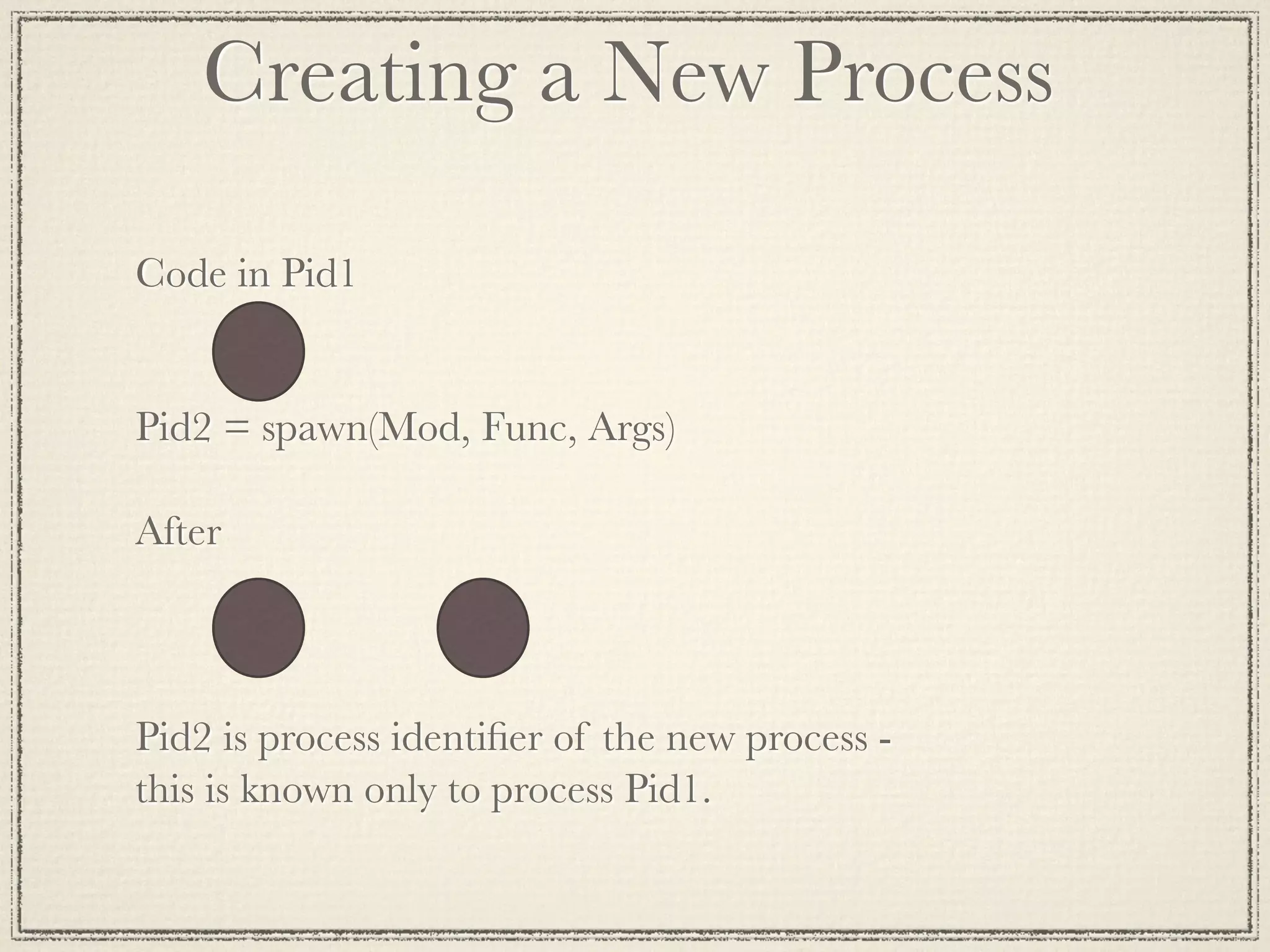 Creating a New Process Code in Pid1 Pid2 = spawn(Mod, Func, Args) After Pid2 is process identiﬁer of the new process - this is known only to process Pid1. 