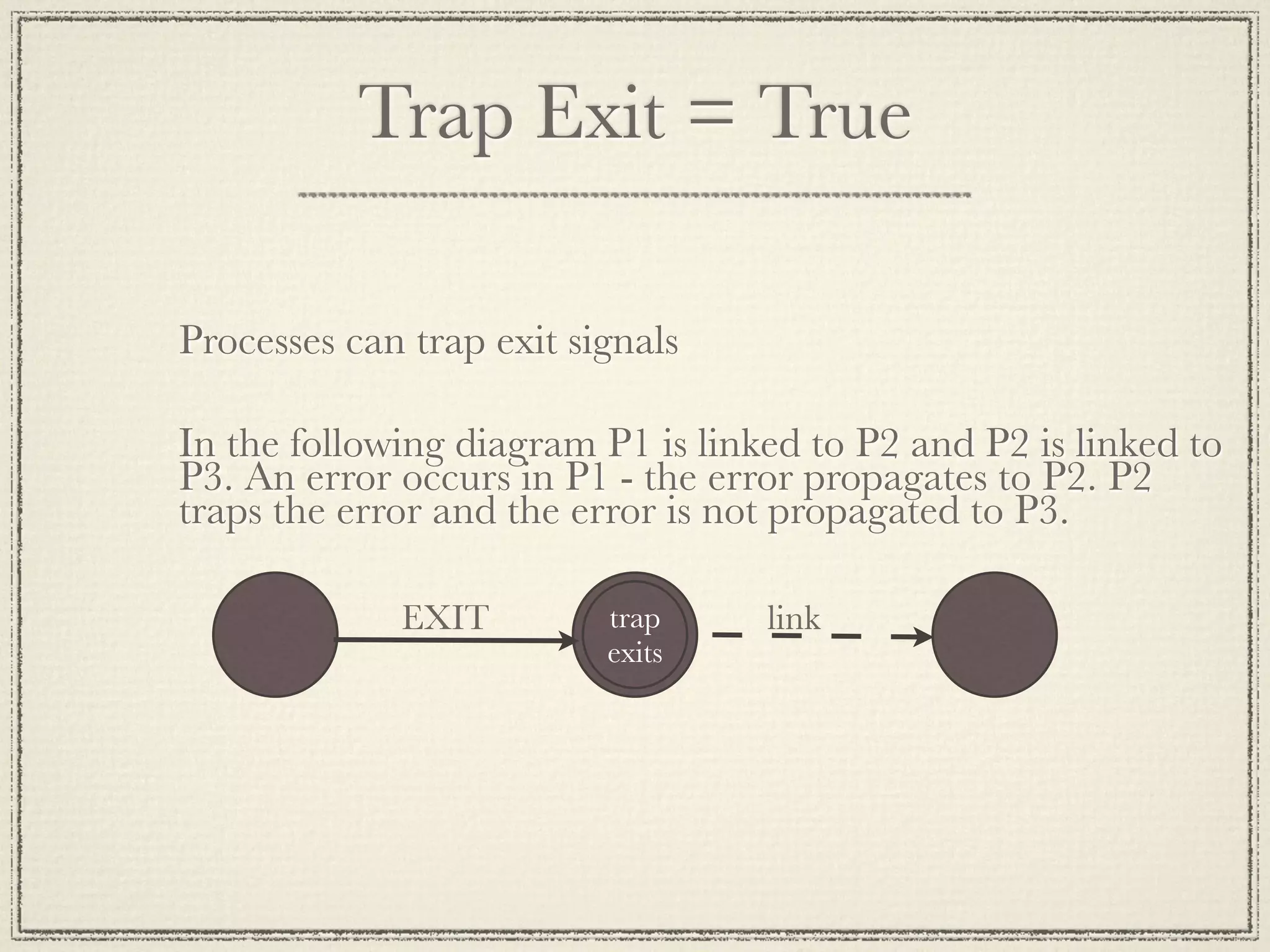 Trap Exit = True Processes can trap exit signals In the following diagram P1 is linked to P2 and P2 is linked to P3. An error occurs in P1 - the error propagates to P2. P2 traps the error and the error is not propagated to P3. EXIT trap link exits 