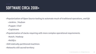 © 2016 Mesosphere, Inc. All Rights Reserved.
SOFTWARE CIRCA 2008+
13
•Popularization of Open Source tooling to automate much of traditional operations, and QA
•Jenkins / Hudson
•Puppet / Chef
•Capistrano
•Popularization of stacks requiring with more complex operational requirements
•Nutch / Hadoop
•NoSQLs
•Still statically partitioned machines
•Networks still sacred territory
 