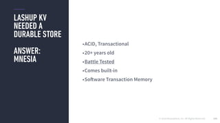 © 2016 Mesosphere, Inc. All Rights Reserved.
LASHUP KV
NEEDED A
DURABLE STORE
ANSWER:
MNESIA
149
•ACID, Transactional
•20+ years old
•Battle Tested
•Comes built-in
•Software Transaction Memory
 