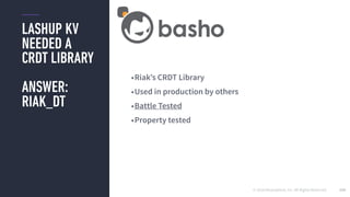 © 2016 Mesosphere, Inc. All Rights Reserved.
LASHUP KV
NEEDED A
CRDT LIBRARY
ANSWER:
RIAK_DT
150
•Riak’s CRDT Library
•Used in production by others
•Battle Tested
•Property tested
 