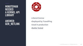 © 2016 Mesosphere, Inc. All Rights Reserved.
MINUTEMAN
NEEDED
A KERNEL API
LIBRARY
ANSWER:
GEN_NETLINK
153
•Liberal license
•Deployed by TravelPing
•Used in production
•Battle Tested
 
