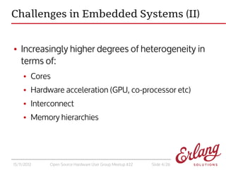 Challenges in Embedded Systems (II)


●   Increasingly higher degrees of heterogeneity in
    terms of:
     ●   Cores
   ...