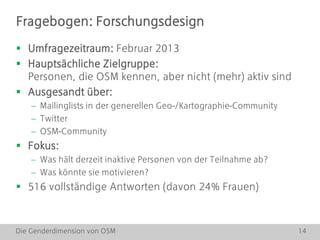Die Genderdimension von OSM 14
 Umfragezeitraum: Februar 2013
 Hauptsächliche Zielgruppe:
Personen, die OSM kennen, aber nicht (mehr) aktiv sind
 Ausgesandt über:
 Mailinglists in der generellen Geo-/Kartographie-Community
 Twitter
 OSM-Community
 Fokus:
 Was hält derzeit inaktive Personen von der Teilnahme ab?
 Was könnte sie motivieren?
 516 vollständige Antworten (davon 24% Frauen)
Fragebogen: Forschungsdesign
 