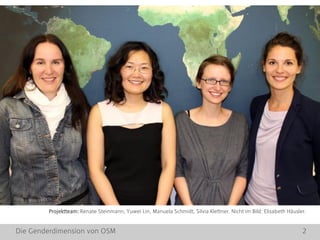 Die Genderdimension von OSM 2
Projektteam: Renate Steinmann, Yuwei Lin, Manuela Schmidt, Silvia Klettner. Nicht im Bild: Elisabeth Häusler.
 