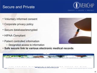 Secure and Private Safe secure link to various electronic medical records HIPAA Compliant Secure database/encrypted Corporate privacy policy Voluntary informed consent Patient controlled information Designated access to information 