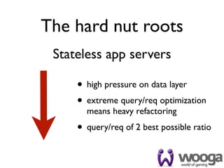 The hard nut roots
 Stateless app servers

     • high pressure on data layer
     • extreme query/req optimization
       means heavy refactoring
     • query/req of 2 best possible ratio
 