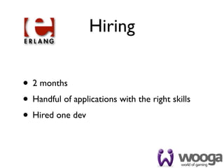 Hiring


• 2 months
• Handful of applications with the right skills
• Hired one dev
 