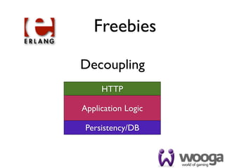 Freebies

Decoupling
     HTTP

Application Logic

 Persistency/DB
 
