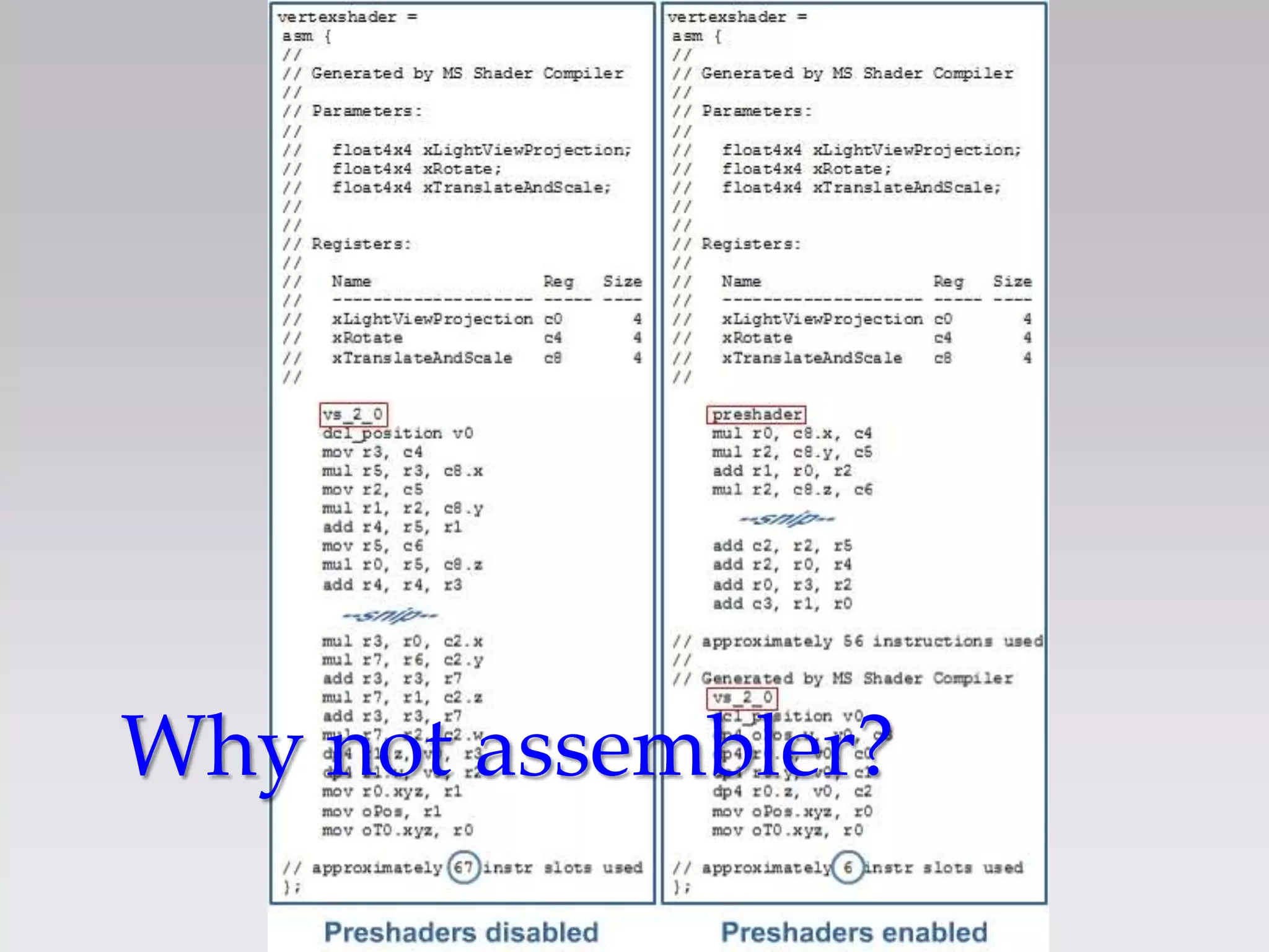 Why not assembler?
 