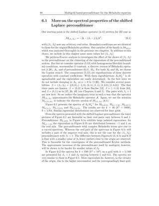 88 Multigrid-based preconditioner for the Helmholtz equation
6.1 More on the spectral properties of the shifted
Laplace preconditioner
Our starting point is the shifted Laplace operator (4.14) written for 2D case as
M(β1,β2) := −∆ − (β1 − ˆjβ2)k2
, (6.1)
with (β1, β2) now any arbitrary real value. Boundary conditions are set identical
to those for the original Helmholtz problem. One member of the family is M(0,1),
which was analyzed thoroughly in the previous two chapters. In addition to this
choice, we include in this chapter some more values for (β1, β2).
We perform Fourier analysis to investigate the eﬀect of the choice of (β1, β2)
in the preconditioner on the clustering of the eigenvalues of the preconditioned
system. For this we consider operator (5.13) with homogeneous Dirichlet bound-
ary conditions, wavenumber k constant, a discrete version of Helmholtz opera-
tor (1.26), Ah, and of preconditioner (6.1), Mh. For both Ah and Mh we choose
the 5-point stencil. The components (5.12) are eigenfunctions of these discrete
operators with constant coeﬃcients. With these eigenfunctions AhM−1
h is di-
agonalizable and the eigenvalues are easily determined. In the ﬁrst tests we
do not include damping in Ah, so α = 0 in (1.26). We consider several possi-
bilities: β = (β1, β2) = {(0, 0), (−1, 0), (0, 1), (1, 1), (1, 0.5), (1, 0.3)}. The ﬁrst
three pairs are known: β = (0, 0) is from Bayliss [12], β = (−1, 0) from [64],
and β = (0, 1) as in [37, 38, 40] (see Chapters 4 and 5). The pairs with β1 = 1
are new here. So we reduce the imaginary term in such a way that the operator
M(β1,β2) approximates the Helmholtz operator A. Again, we use the notation
Mh,(β1,β2) to indicate the discrete version of M(β1,β2) (6.1).
Figure 6.1 presents the spectra of AhM−1
h for Mh,(0,0), Mh,(−1,0), Mh,(0,1),
Mh,(1,1), Mh,(1,0.5) and Mh,(1,0.3). The results are for k = 40 (k2
= 1600),
h = 1/64. Similar eigenvalue distributions are observed for ﬁner grids.
From the spectra presented with the shifted Laplace preconditioner the lower
pictures of Figure 6.1 are favorable as their real parts vary between 0 and 1.
Preconditioner Mh,(0,0) in Figure 6.1a exhibits large isolated eigenvalues; for
Mh,(−1,0) the eigenvalues in Figure 6.1b are distributed between −1 and 1 on
the real axis. The preconditioners with complex Helmholtz terms give rise to
a curved spectrum. Whereas the real part of the spectrum in Figure 6.1c still
includes a part of the negative real axis, this is not the case for the (β1, β2)-
preconditioners with β1 = 1. The diﬀerence between Figures 6.1d, 6.1e and 6.1f
is that with a smaller value of β2 fewer outliers close to the origin are observed.
This is favorable for the convergence of the preconditioned Krylov methods.
The approximate inversion of the preconditioner itself by multigrid, however,
will be shown to be harder for smaller values of β2.
In Figure 6.2 the spectra for k = 100 (k2
= 104
) on a grid with h = 1/160
are presented for β1 = 1 and β2 varying between 1 and 0.3. The spectra are
very similar to those in Figure 6.1. More eigenvalues lie, however, in the vicinity
of the origin, due to the higher wavenumber and the correspondingly ﬁner grid.
 