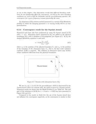 6.3 Numerical results 101
we use in this chapter. Our observation reveals that diﬀerent boundary condi-
tions do not signiﬁcantly aﬀect the convergence. As long as the same boundary
conditions are used in both the Helmholtz and the preconditioning operator, the
convergence for a given frequency remains practically the same.
An adaptation of the solution method presented to a variant of the Helmholtz
problem in which the damping parameter α is varying locally will be an easy
generalization.
6.3.4 Convergence result for the 9-point stencil
Numerical tests have also been performed by using the 9-point stencil (2.13)
with γ = 4/5. Absorption layers (denoted by Ω2) are added at the physical
boundaries (Ω1) with a thickness of 50 gridpoints (see Figure 6.7). In Ω2 the
damped Helmholtz equation is used with
α = 0.25
(x − xd)2
(xm − xd)2
, (6.5)
where xd is the position of the physical boundary Γ1 and xm is the position
of the boundary of the absorption layer, Γ2. On Γ2 the ﬁrst order radiation
condition (2.26) is imposed. The addition of absorption layers may further
reduce undesired reﬂections from the physical boundaries.
Ω2
Ω1
Γ2Physical domain
Γ1
Figure 6.7: Domain with absorption layers (Ω2)
We use (β1, β2) = (1, 0.5) for the preconditioner, which is discretized by the
5-point stencil (this is in contrast with Am which is given by a 9-point stencil).
Numerical results are shown here for Model Problem 3; see Table 6.9. The real
part of the solutions at 20 Hz for α = 0 and α = 0.025 has been presented in
Figure 2.5b and 2.5c.
Compared to the results in Table 6.8, the use of the 9-point stencil does
not inﬂuence the convergence negatively, as the convergence is similar to that
 