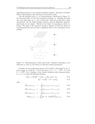 7.2 Multigrid with semicoarsening for the preconditioner 105
smoothing iteration in the standard multigrid sequence. Extension of ﬂexible
MG-S to 3D problems with anisotropy is presented in [104].
The 3D multigrid with (x1, x2) semicoarsening is illustrated in Figure 7.1
for three grid levels. In this case standard coarsening, i.e. doubling the mesh
size, only takes place in x1- and x2-directions, while the x3-direction is kept
uncoarsened. For the shifted Laplace operator (and the Helmholtz operator)
anisotropies do not appear. Therefore, the choice of coarsening is rather ar-
bitrary. We show in the numerical results in Section 7.3 that the choice of
coarsening direction does not have a signiﬁcant eﬀect to the convergence of the
method.
x
y
z
3,3,3
2,2,3
1,1,3
Figure 7.1: Semicoarsening of three grid levels: standard coarsening in two
directions (x1 and x2), the third (x3) direction is kept uncoarsened
Consider the preconditioning operator (7.2) which is discretized by the 7-
point stencil on a grid Gh = {(i1h, i2h, i3h)|i1, i2, i3 = 1, . . . , 3
√
N − 1}, with
h = 1/ 3
√
N. For a damped x3-line Jacobi relaxation with relaxation factor
0 < ωr ≤ 1 we have the following iteration:
(Mh,x3 + Dh)uj+1
h + (Mh,x1 + Mh,x2 )uj
h = wh, (7.4)
uj+1
h = ωruj+1
h + (1 − ωr)uj
h, (7.5)
with
(Mh,x1 u)i1,i2,i3 := −
1
h2
(ui1+1,i2,i3 + ui1−1,i2,i3 ) , (7.6)
(Mh,x2 u)i1,i2,i3 := −
1
h2
(ui1,i2+1,i3 + ui1,i2−1,i3 ) , (7.7)
(Mh,x3 u)i1,i2,i3 := −
1
h2
(ui1,i2,i3+1 + ui1,i2,i3−1) , (7.8)
(Dhu)i1,i2,i3 :=
1
h2
6 − (1 − 0.5ˆj)k2
h2
ui1,i2,i3 . (7.9)
 