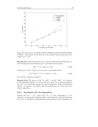 3.8 Preconditioning 37
0 10 20 30 40 50 60 70
0
50
100
150
200
250
300
350
400
450
Grid points per wavelength
No.Iterations
Bi−CGSTAB
GMRES
COCG
CGNR
Figure 3.2: Performance of CGNR, COCG, GMRES and Bi-CGSTAB for Model
Problem 1 with respect to the increase of the number of grid points per wave-
length, for k = 10
Remark 3.8.1 Besides formula (3.26), which is called left preconditioning, we
also identify right preconditioning for an equivalent linear system:
AM−1
u = g, where u = Mu. (3.28)
Furthermore, if M = M1M2, we can write an equivalent system
M−1
1 AM−1
2 u = M−1
g, where u = Mu. (3.29)
We call this a split preconditioner.
Remark 3.8.2 The spectra of M−1
A, AM−1
and M−1
1 AM−1
2 are identical.
In the following chapters, we will see that it is easier to use left precondition-
ing when we theoretically analyze the spectral properties of the preconditioned
systems. In practice, we perform right preconditioning as it turns out to give
cheaper algorithms.
3.8.1 Incomplete LU decomposition
Suppose that M−1
= A−1
, then κ(M−1
A) = 1. But, computing A−1
is as
expensive as solving the original problem. One frequently used preconditioner
for A can be obtained by approximately decomposing A into incomplete LU
 