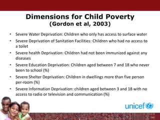 Dimensions for Child Poverty
(Gordon et al, 2003)
• Severe Water Deprivation: Children who only has access to surface water
• Severe Deprivation of Sanitation Facilities: Children who had no access to
a toilet
• Severe health Deprivation: Children had not been immunized against any
diseases
• Severe Education Deprivation: Children aged between 7 and 18 who never
been to school (%)
• Severe Shelter Deprivation: Children in dwellings more than five person
per-room (%)
• Severe Information Deprivation: children aged between 3 and 18 with no
access to radio or television and communication (%)
 