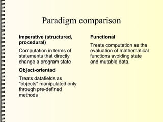 Paradigm comparison
Imperative (structured,      Functional
procedural)
                             Treats computation as the
Computation in terms of      evaluation of mathematical
statements that directly     functions avoiding state
change a program state       and mutable data.
Object-oriented
Treats datafields as
"objects" manipulated only
through pre-defined
methods
 